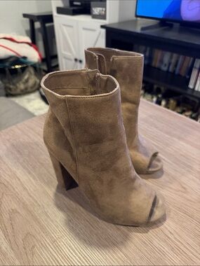 Wild Diva Tan Suede Peep-Toe Ankle Booties